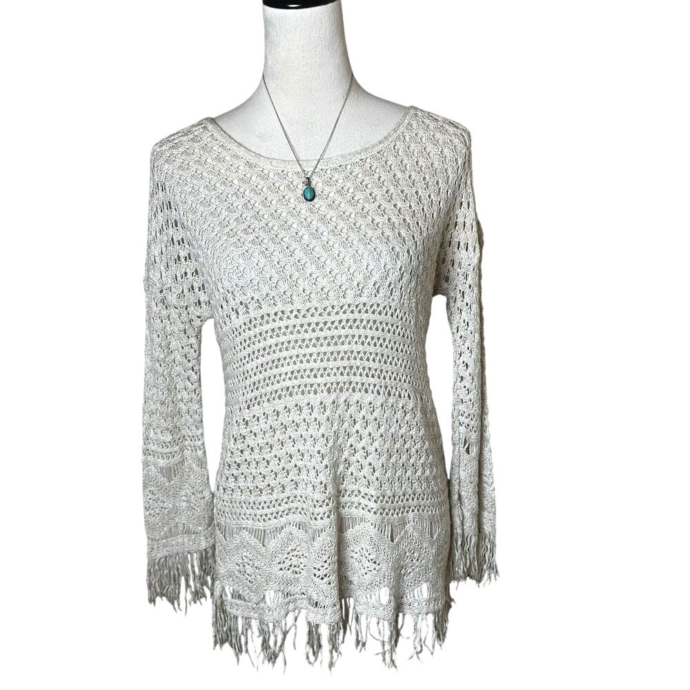 Y2K Boho Crochet Open Knit Fringe Hippie Top‎ M | Neutral Festival Beach Coastal
